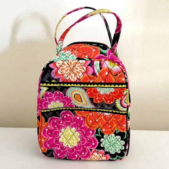 Vera Bradley Lunch Bag Floral Insulated Tote Pink Orange Black Double Handle - Picture 1 of 14